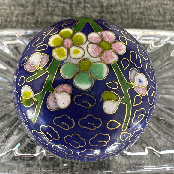 Cloisonne Cobalt Blue Floral Round Mini Trinket Jewelry Vintage Box - Picture 4 of 8